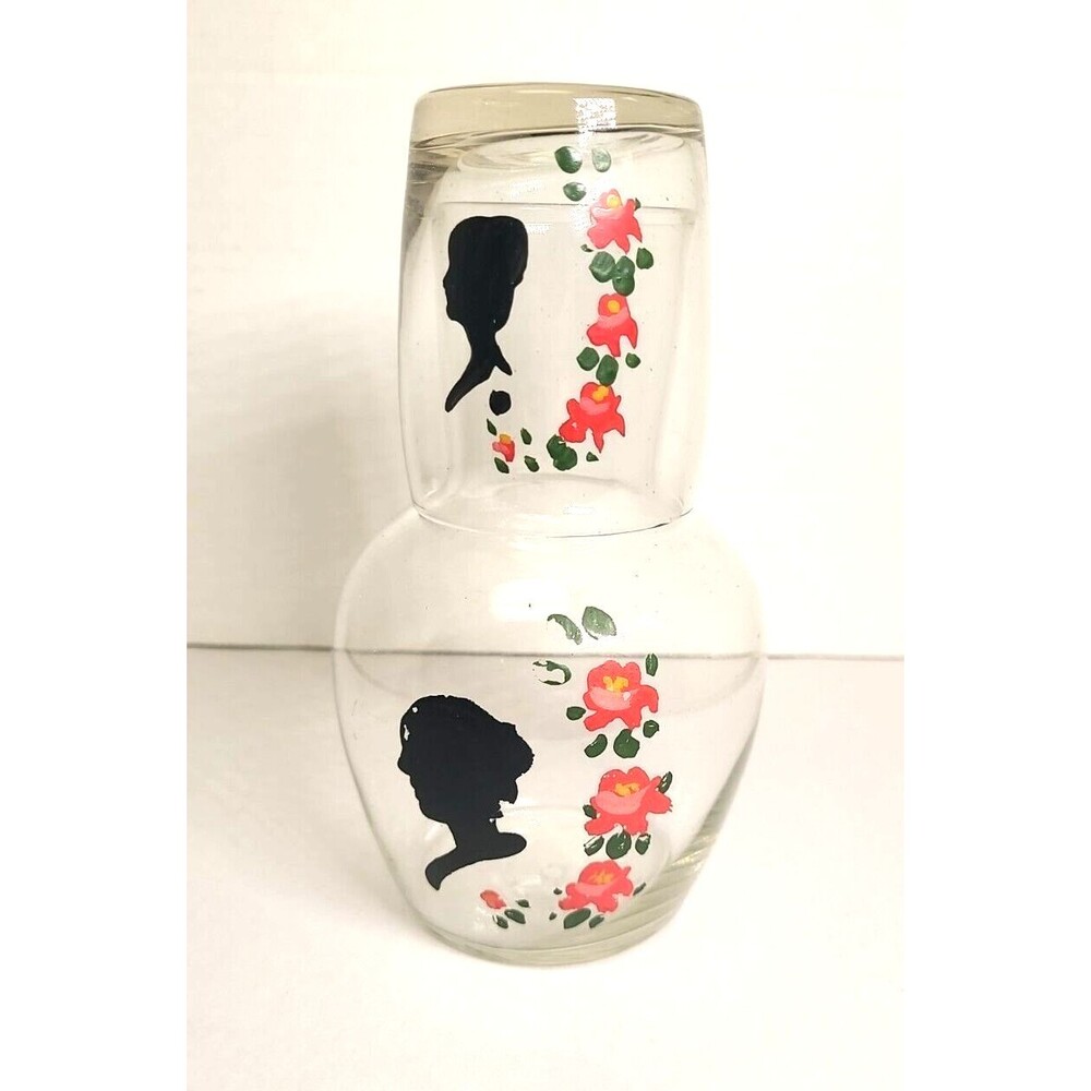 Vintage Glass Tumble Up Set Bedside Carafe & Cup Hand Painted Flowers